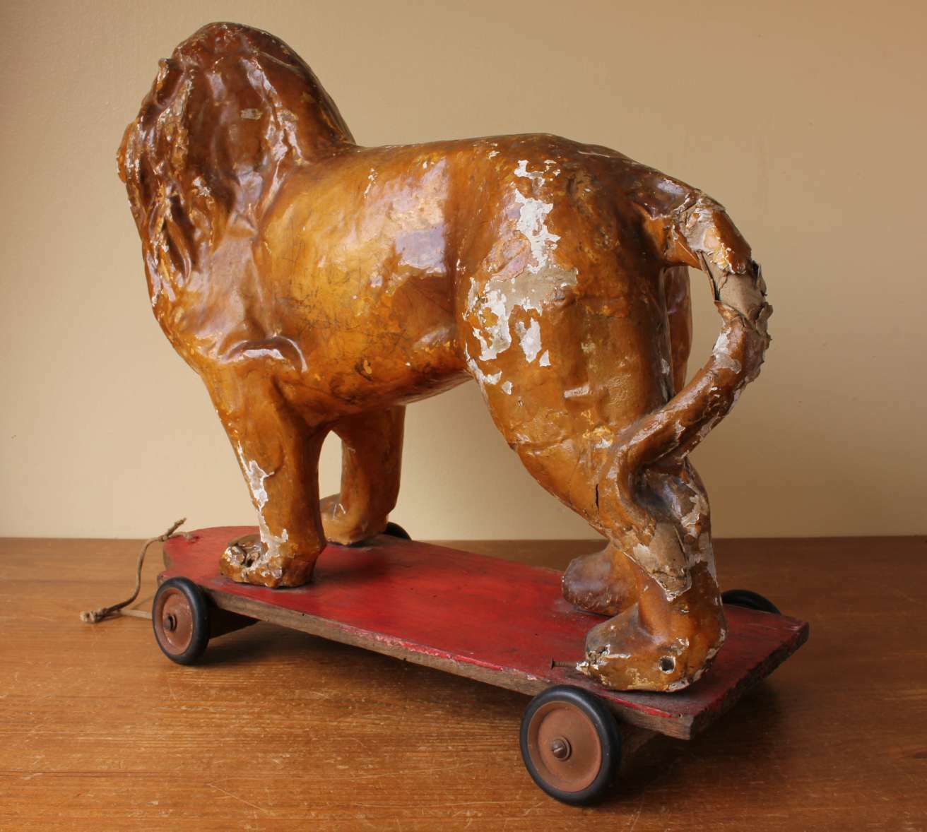 photo for sale French Pull Along Lion. Paper Mache Model Animal Decorative Toy Trolley.