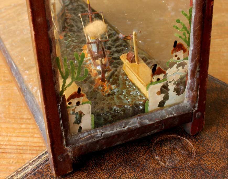French Ship In A Box Diorama. Handmade Boat Scene Scratch Built Model. photo vintage