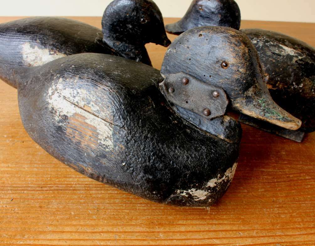 Art Three Antique French Wood Decoy Ducks. Early Painted Folk Art Rustic Birds. photo