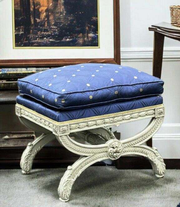 Country Home Stool / Seat, Carved Frame, Lift Of Cushion