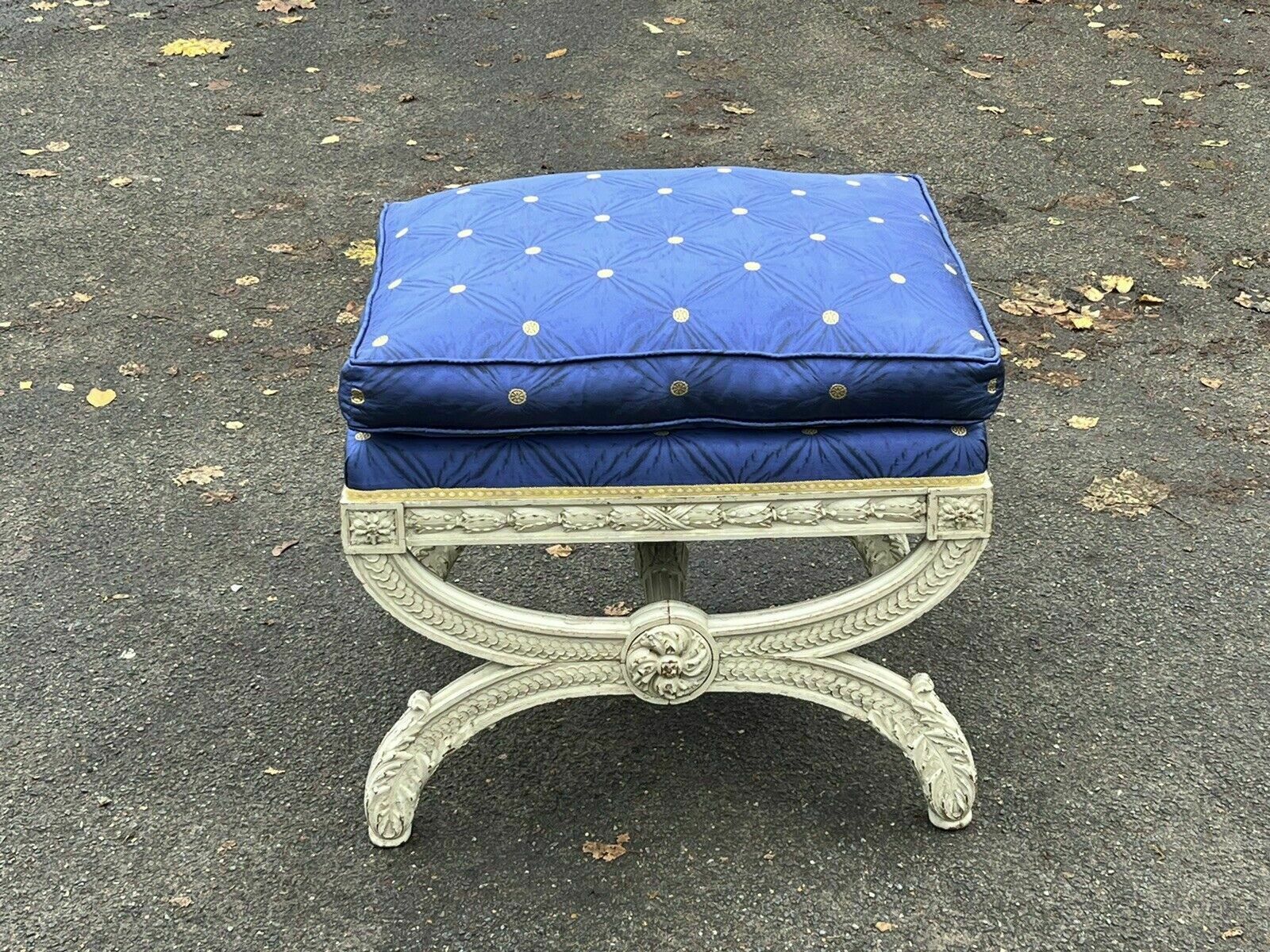 Country Home Stool / Seat, Carved Frame, Lift Of Cushion photo vintage