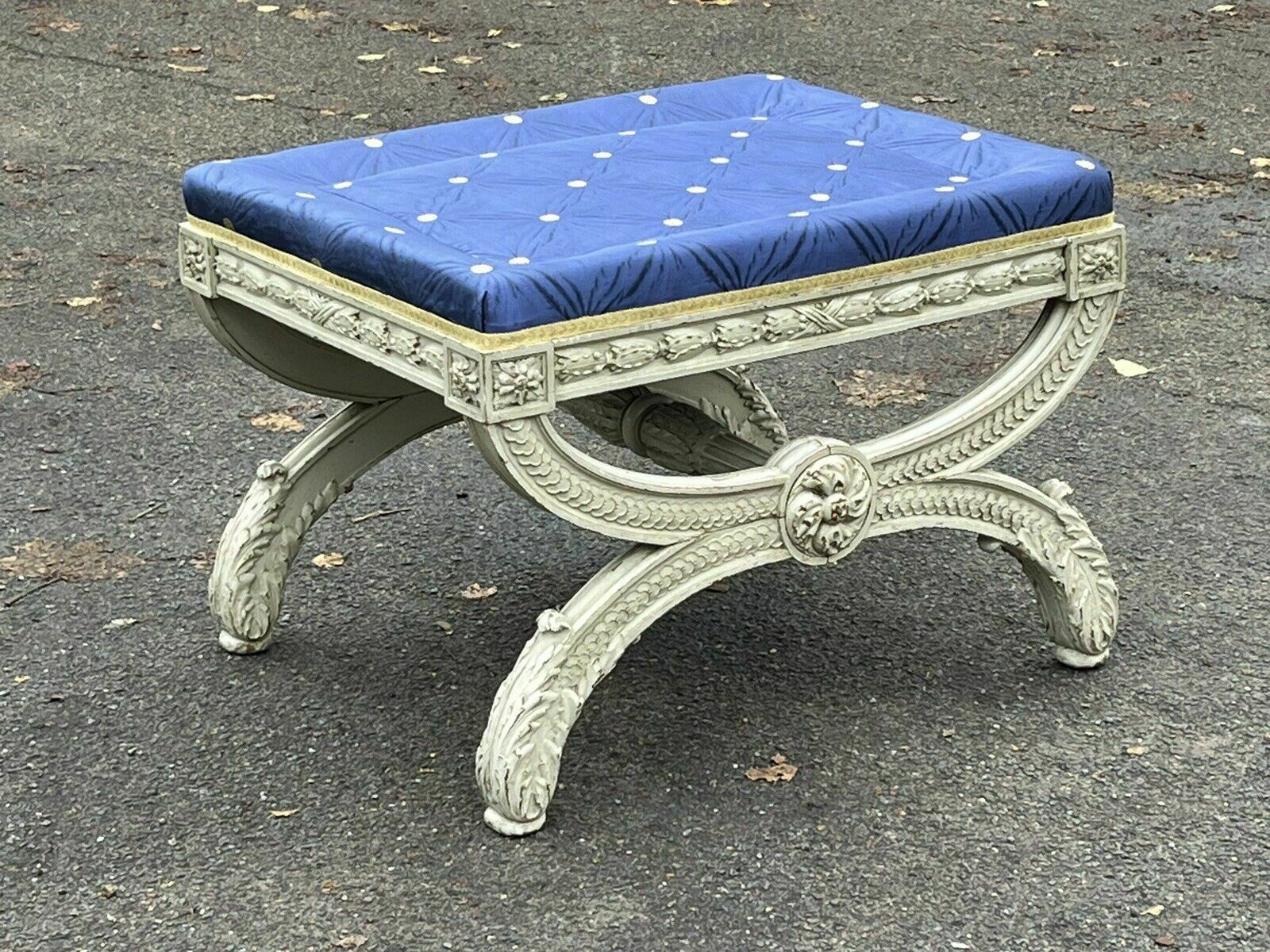 Furniture Country Home Stool / Seat, Carved Frame, Lift Of Cushion photo