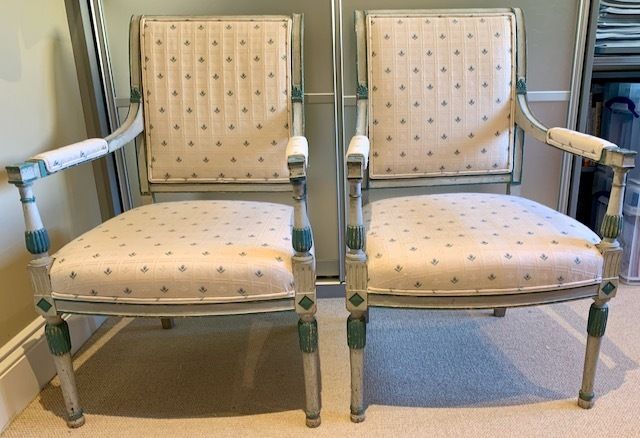 Pair Of French Painted Open Armchairs Upholstered Vintage Directoire