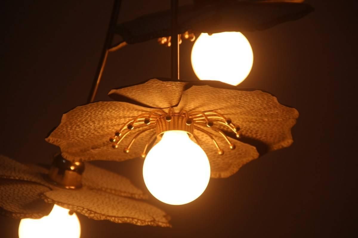 Chandelier Metal Flowers Lacquered Brass Italian Design 1970 photo for sale