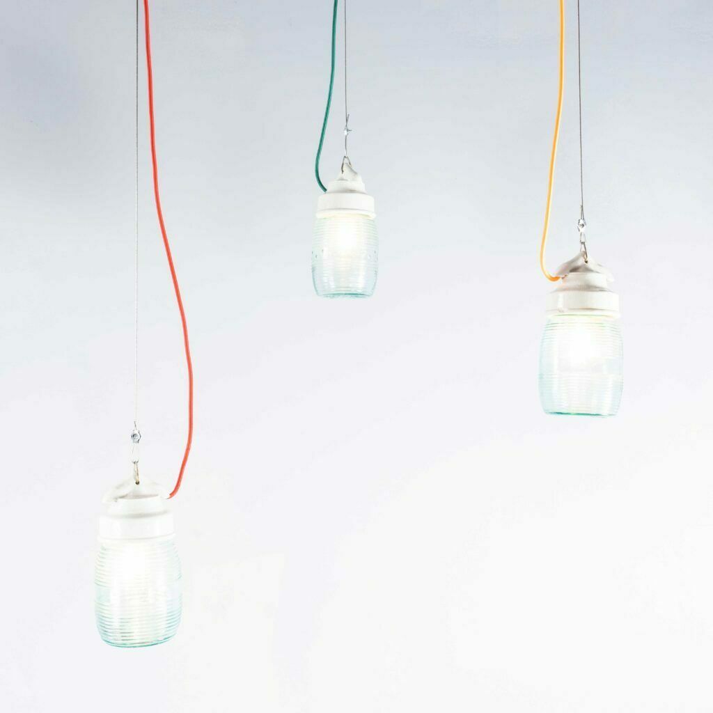 1950’s New Old Stock Ribbed Glass Cylinder Pendant Lamps photo vinterior