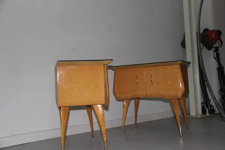 Nightstands Maple Brass Parts With Colored Glass Italian, Design 1960s photo Furniture
