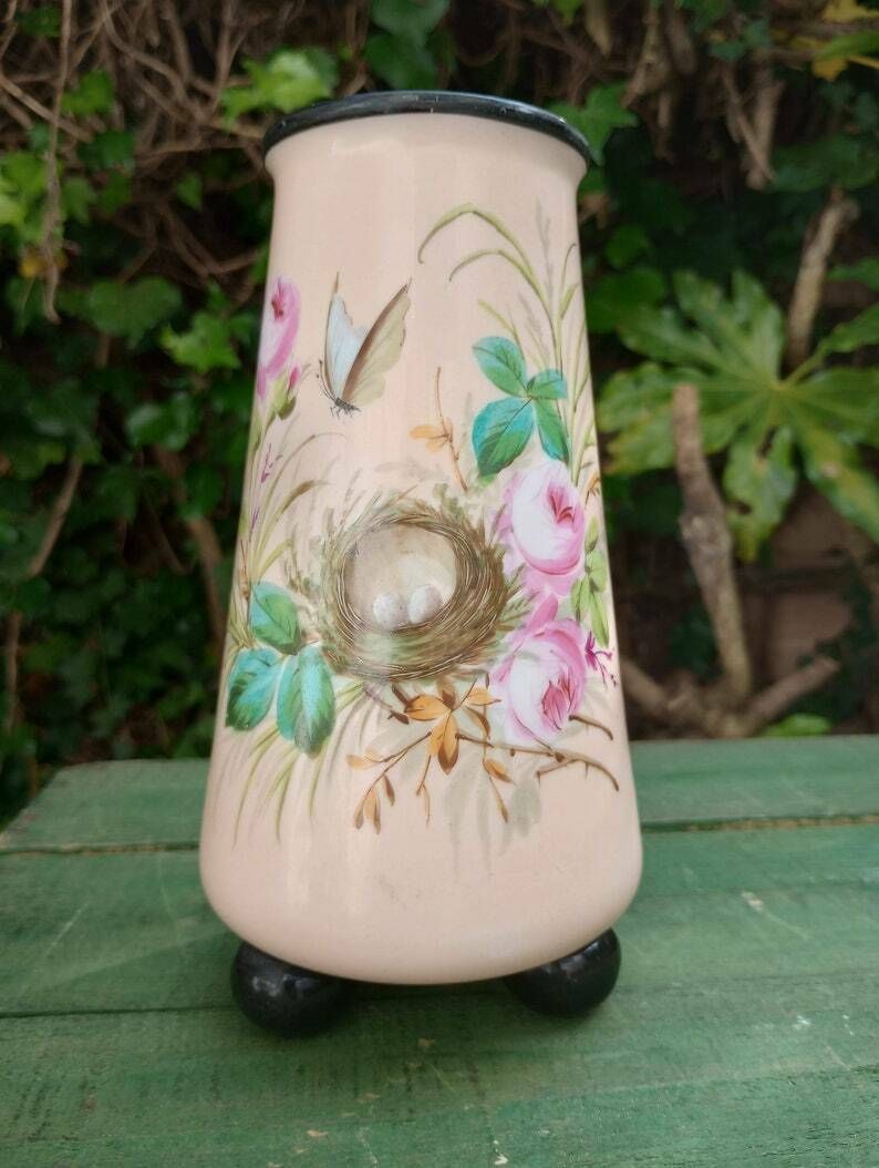 Beautiful Victorian Pale Pink Enamelled Glass Vase On Ball Feet photo furniture