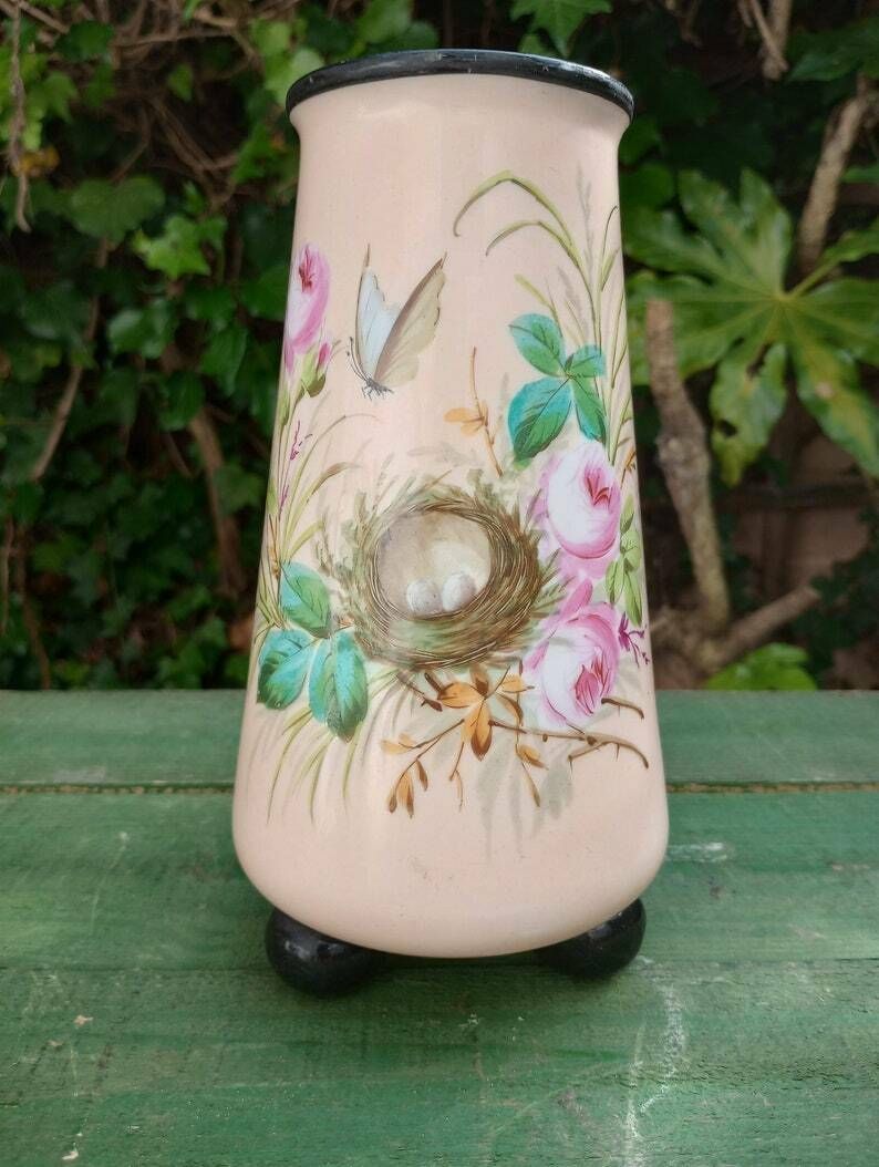 Beautiful Victorian Pale Pink Enamelled Glass Vase On Ball Feet photo for sale