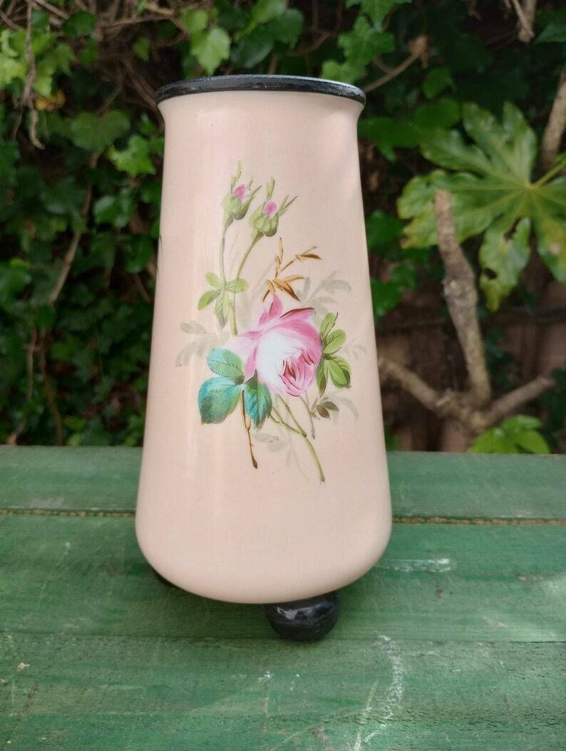 Beautiful Victorian Pale Pink Enamelled Glass Vase On Ball Feet photo vinterior