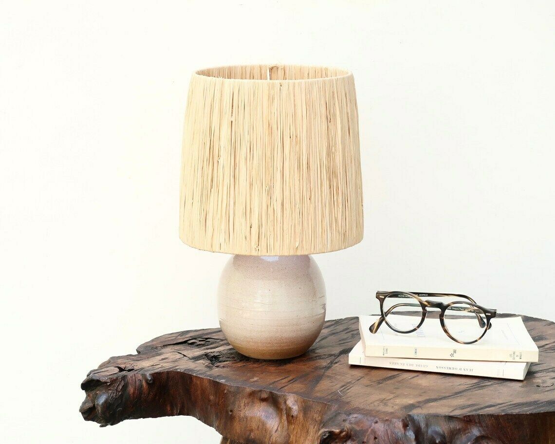 Ceramic Table Lamp, Raffia Shade, 1960s / Beige, Boho Chic, Folk, Country photo 372.0