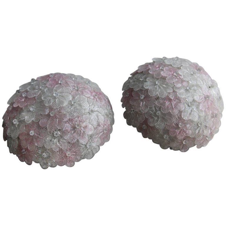 Pair Of Ceiling Lamps Bunch Flowers Murano Art Glass, 1950s Mid Century Modern