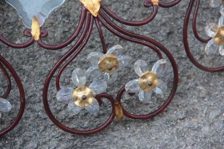 Pair Of Ceiling Light Round Mid Century Modern France Crystal Forged Metal Gold photo for sale