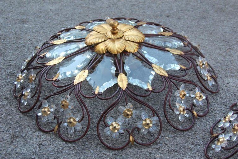 Pair Of Ceiling Light Round Mid Century Modern France Crystal Forged Metal Gold photo Lighting