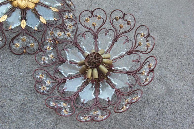 Lighting Pair Of Ceiling Light Round Mid Century Modern France Crystal Forged Metal Gold photo