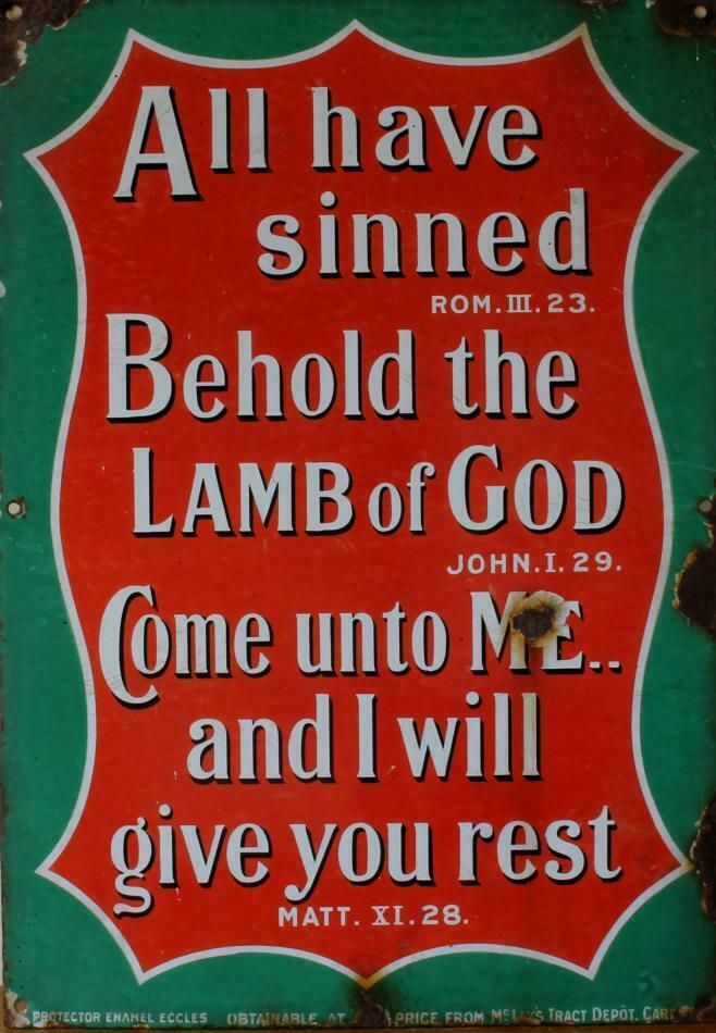 Religious Church Enamel Metal Sign. Lamb Of God Bible Quote. C1915. photo vinterior