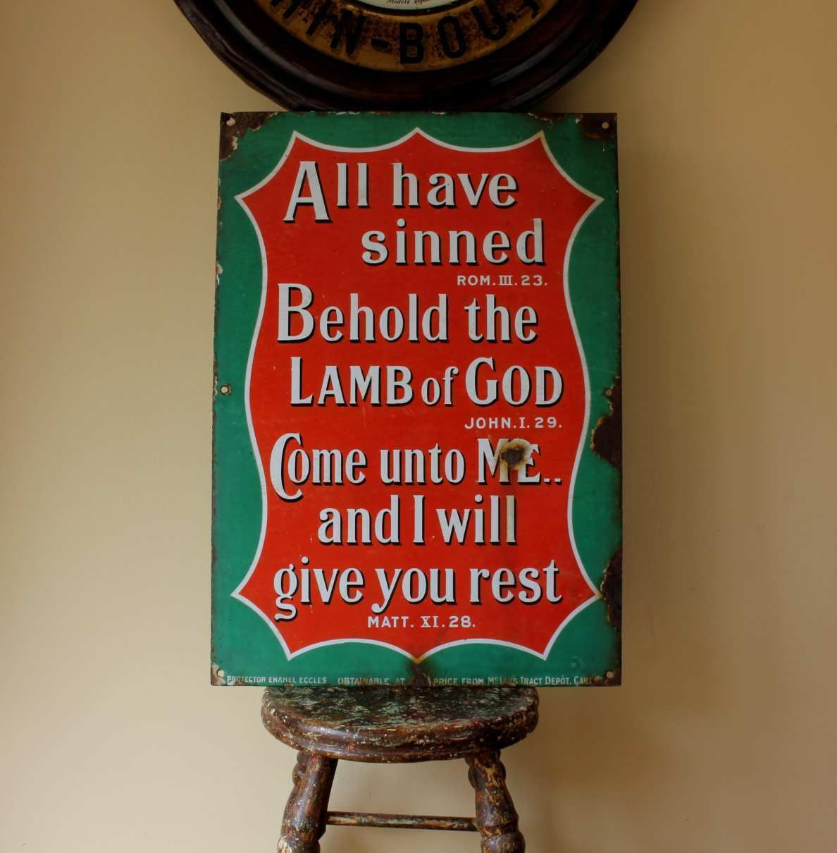 Religious Church Enamel Metal Sign. Lamb Of God Bible Quote. C1915. photo vintage