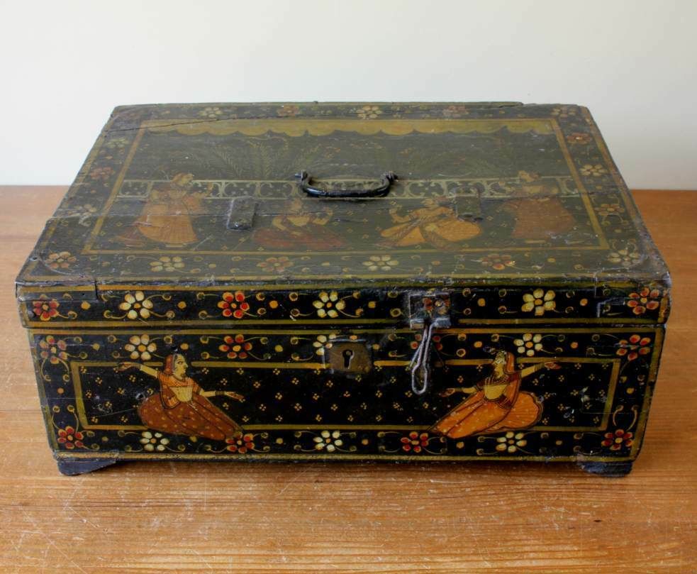 Indian Rajastani Hand Painted Wood Marriage Dowry Box. 19th Century.