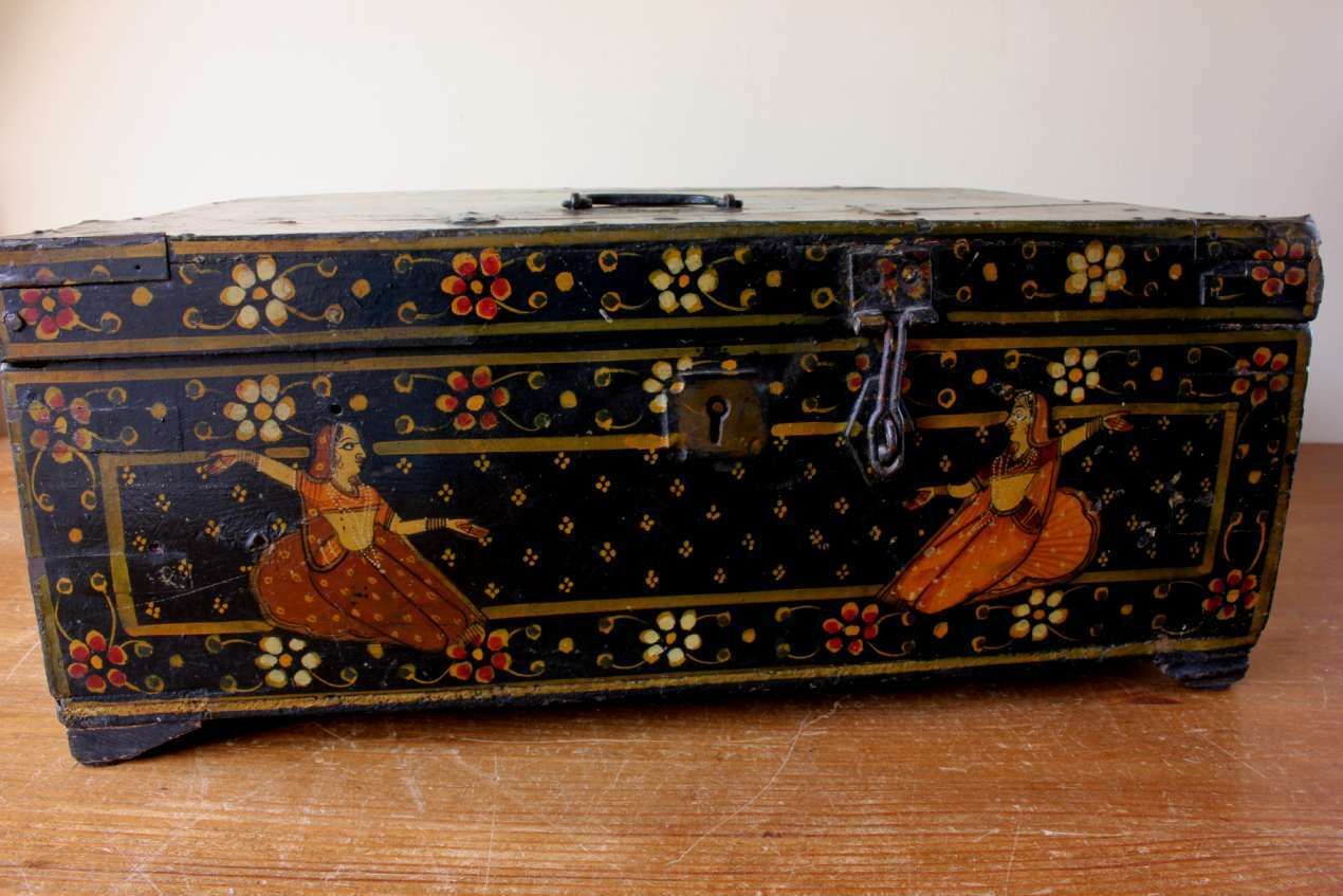 photo furniture Indian Rajastani Hand Painted Wood Marriage Dowry Box. 19th Century.