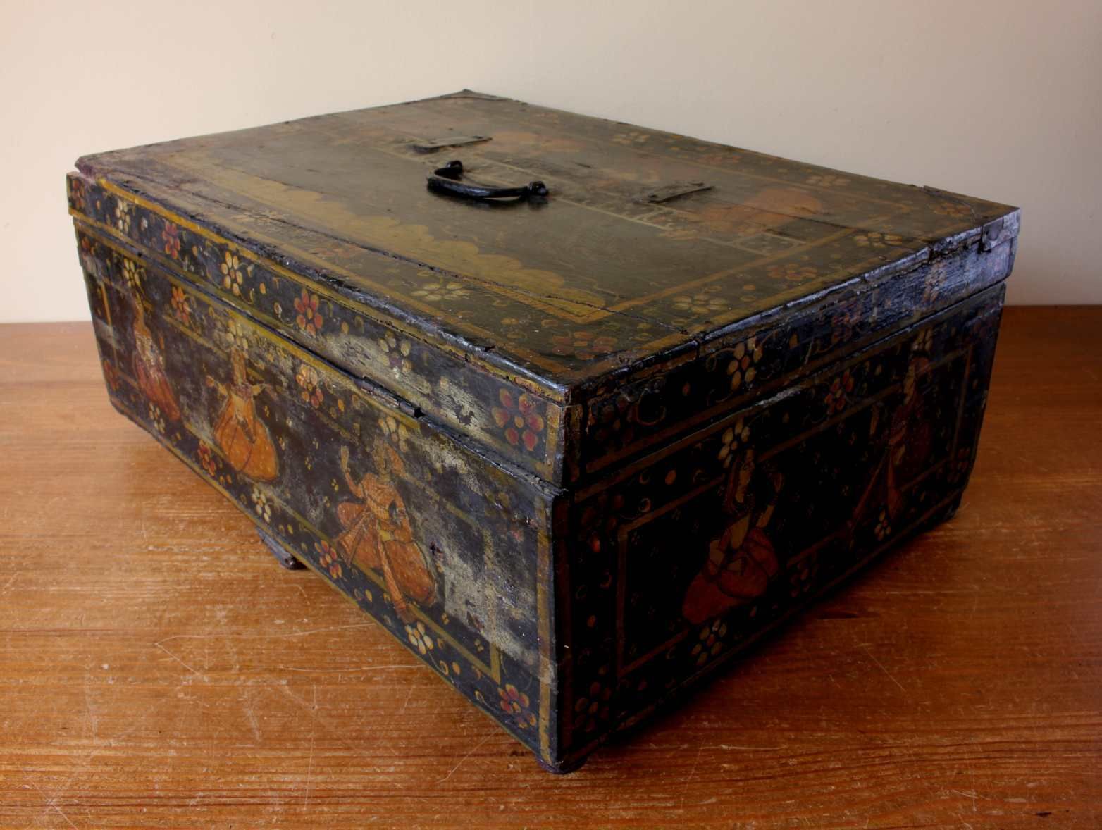 photo for sale Indian Rajastani Hand Painted Wood Marriage Dowry Box. 19th Century.