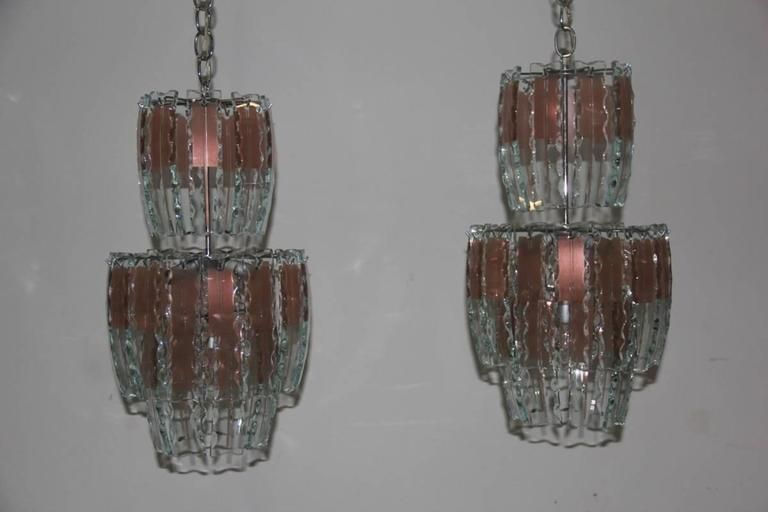 Pair Of Chandelier Curved Glass, 1970s,Crystall,Steel, Italian Design Chipped photo Lighting