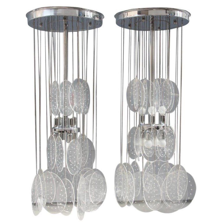 Pair Of Chandeliers Plexiglass And Metal Chrome Italian Design 1970 Pop Art