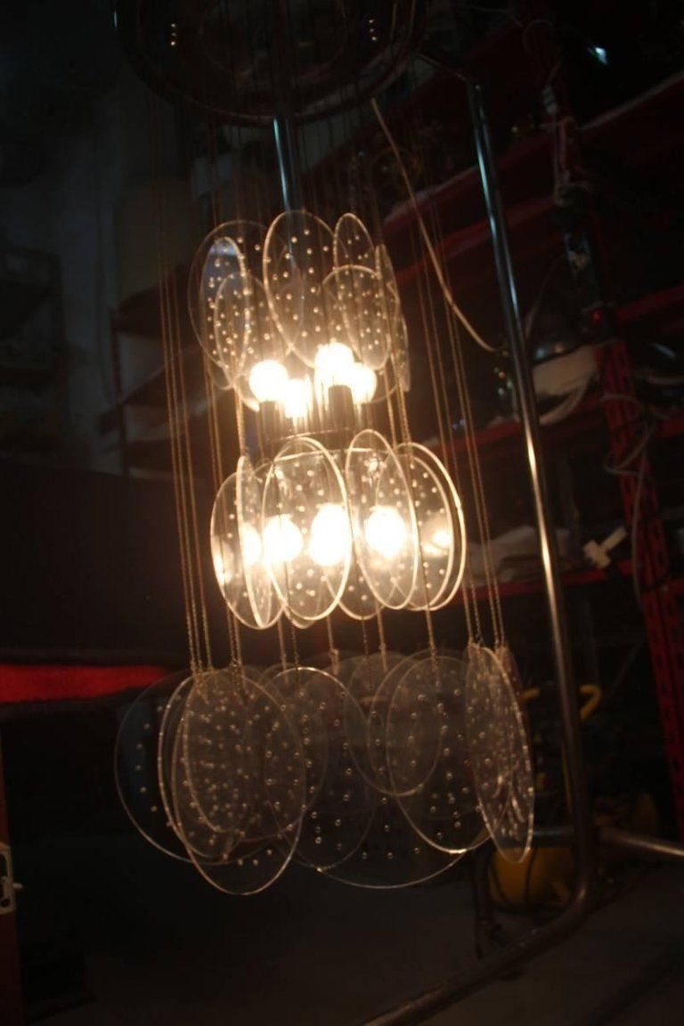 Pair Of Chandeliers Plexiglass And Metal Chrome Italian Design 1970 Pop Art photo vintage