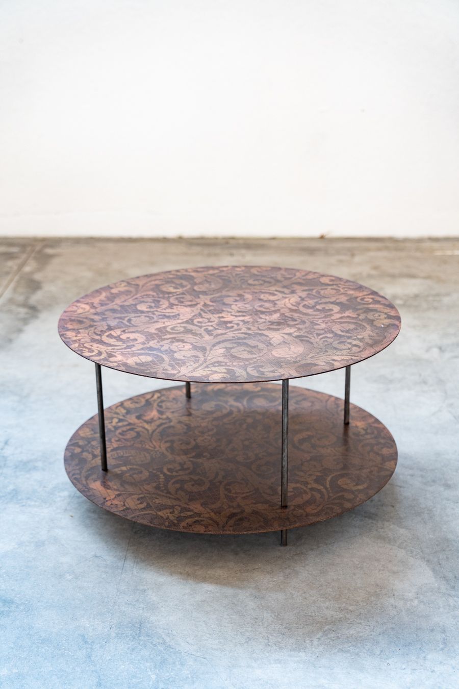 Round Coffee Table For Living Room, Metal With Screen Printed Decoration, Line Style, 1990