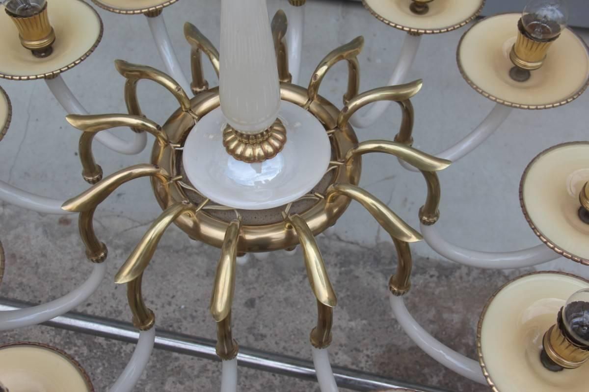 Elegant Chandelier In Opal Glass And 1950s Italian Design Brass photo vintage