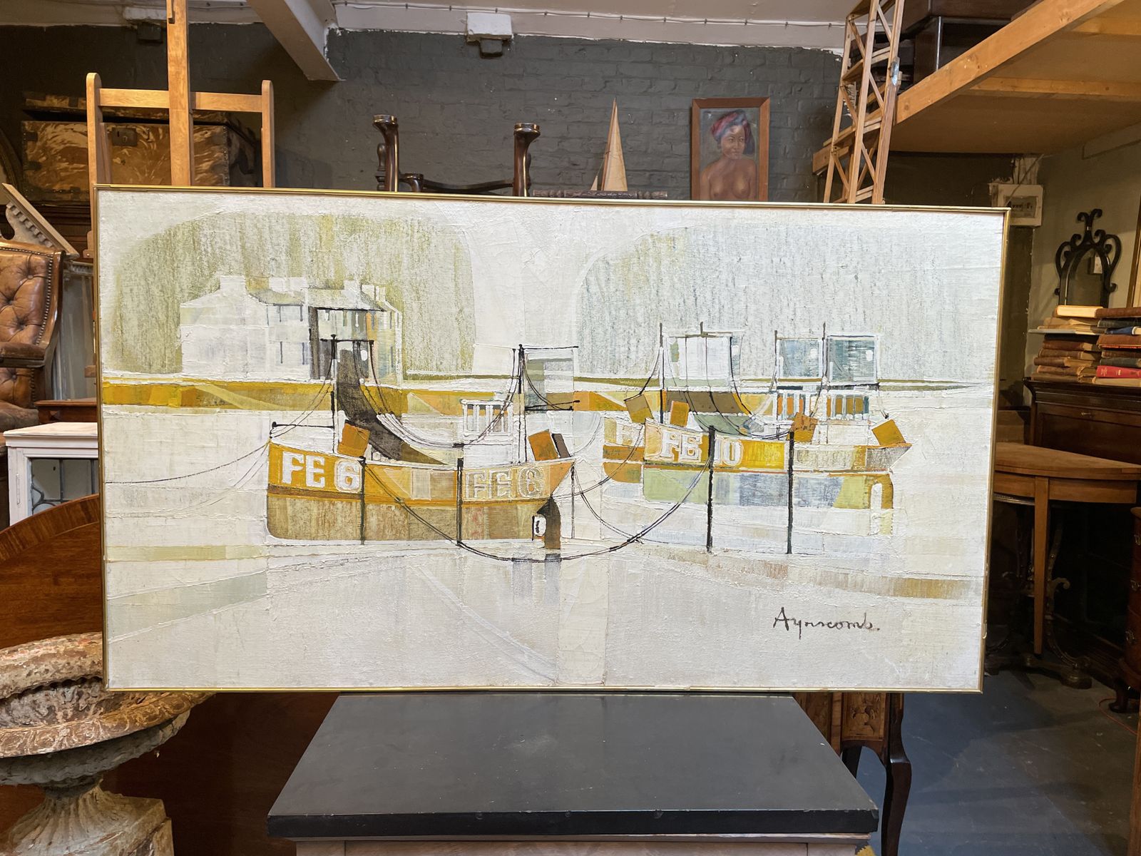 Oil On Board "Folkestone Harbour", Signed , Retailed Liberty & Co photo vintage