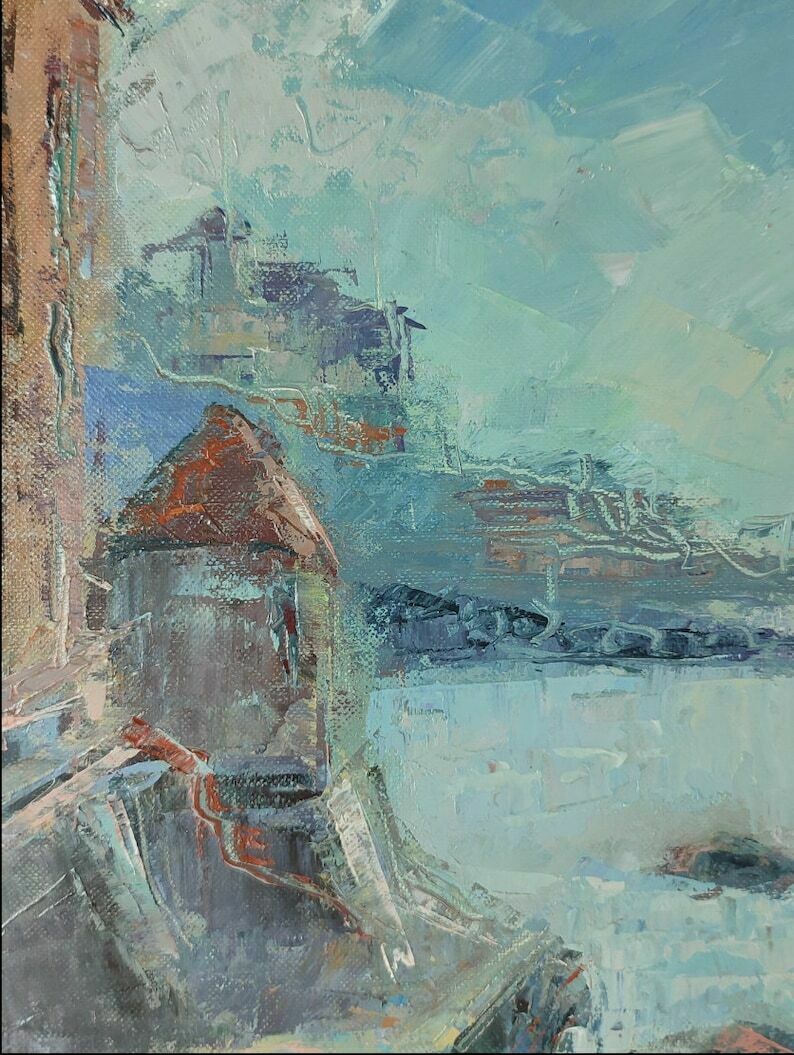 Framed Oil Painting Of A Fortified Italian Coastal City photo buy