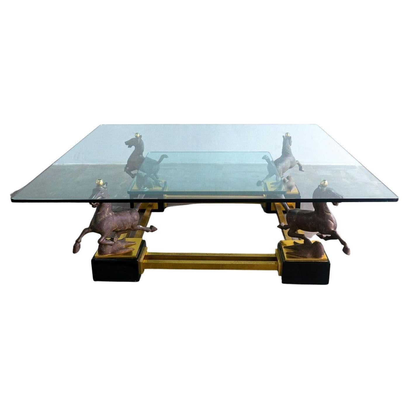 Hollywood Regency Glass And Brass Coffee Table With Bronze Flying Horses, Maison Charles