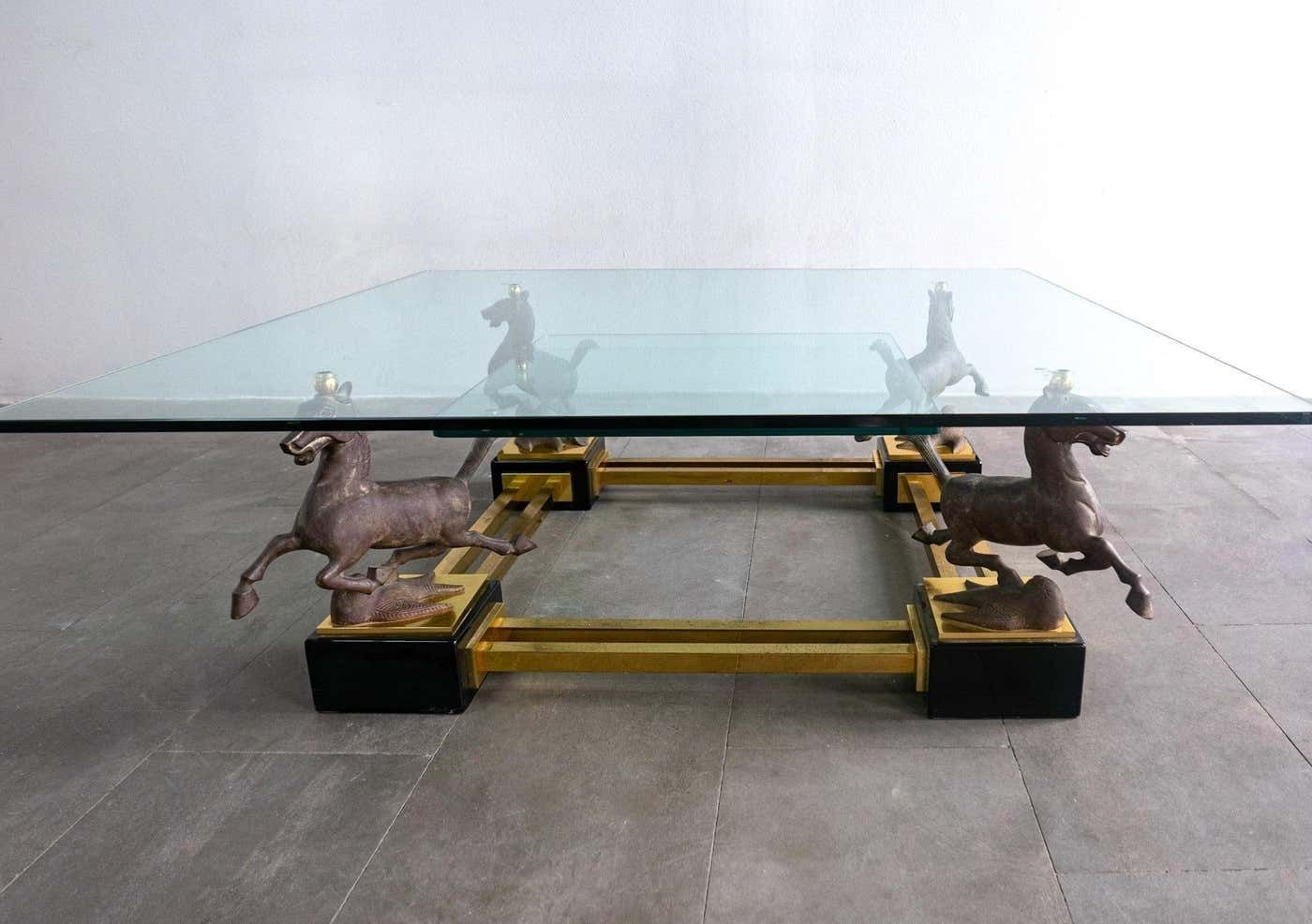 Hollywood Regency Glass And Brass Coffee Table With Bronze Flying Horses, Maison Charles photo Furniture