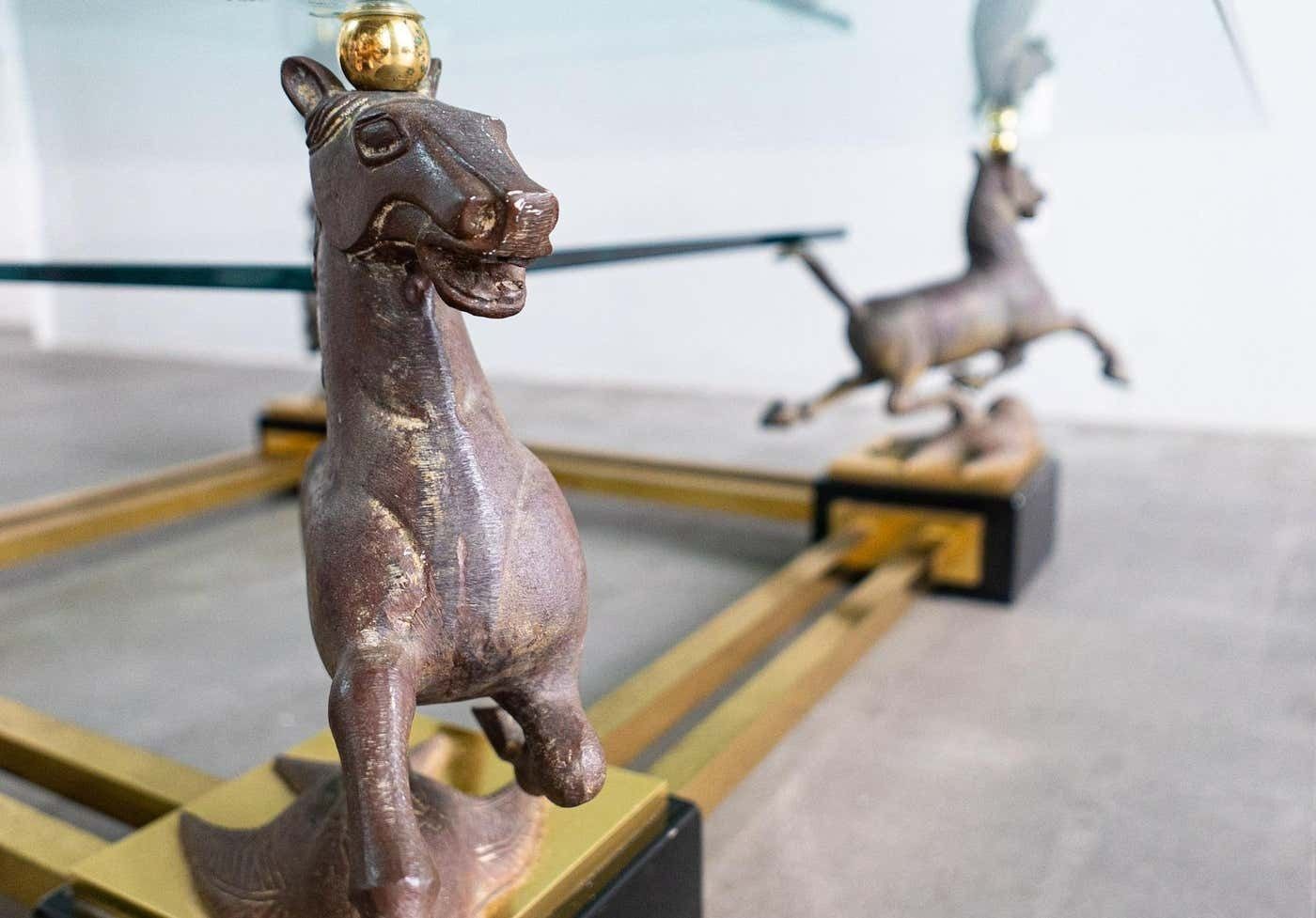 Hollywood Regency Glass And Brass Coffee Table With Bronze Flying Horses, Maison Charles photo 2600.0