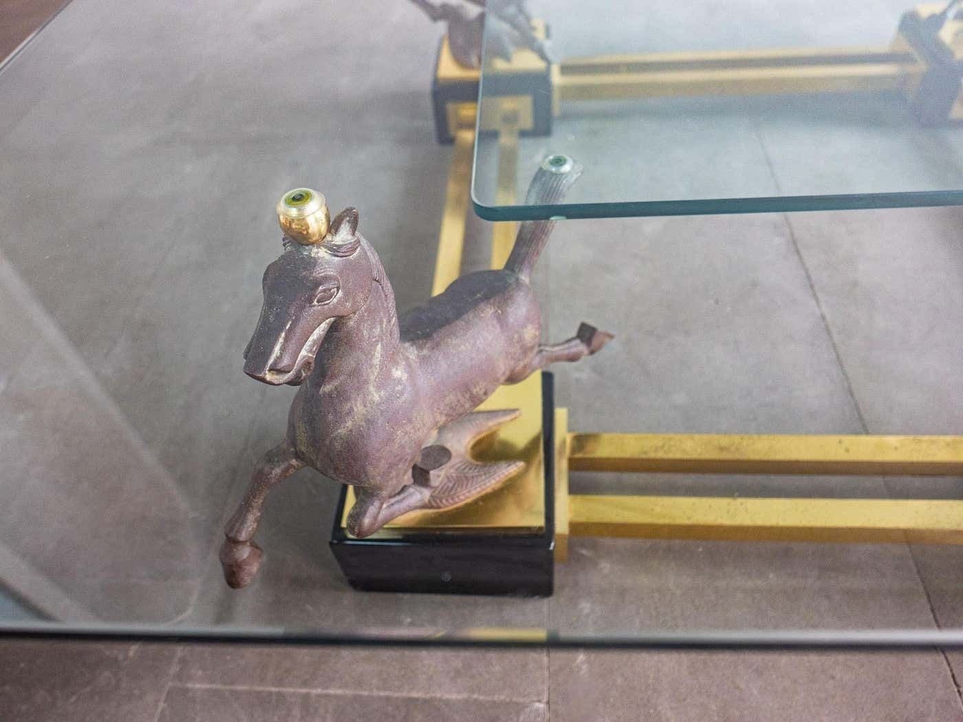 Hollywood Regency Glass And Brass Coffee Table With Bronze Flying Horses, Maison Charles photo buy