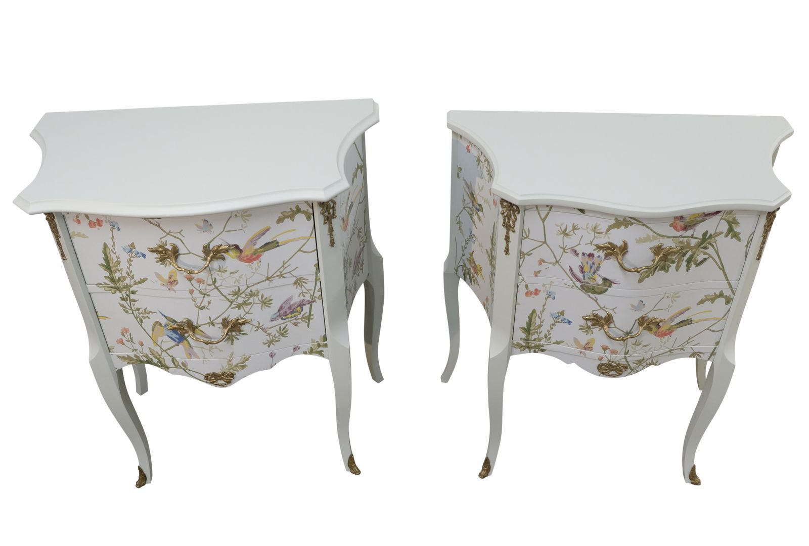 A Pair Of Louis XV Style Bedside Tables With Floral Design And Marble Tops photo for sale