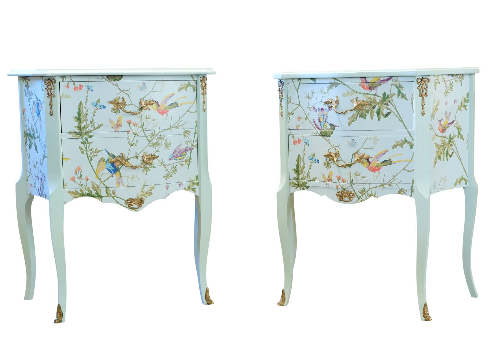 A Pair Of Louis XV Style Bedside Tables With Floral Design And Marble Tops photo vinterior