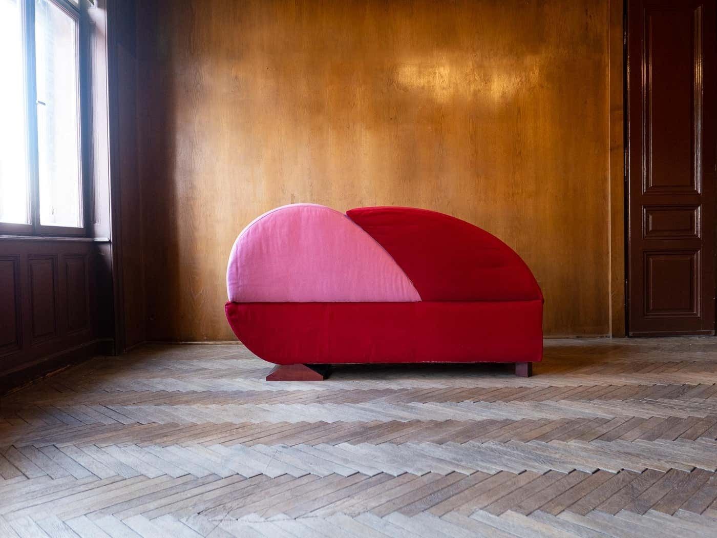 Post Modern Pink And Red Alcantara Sofas, Italy, 1980s photo for sale