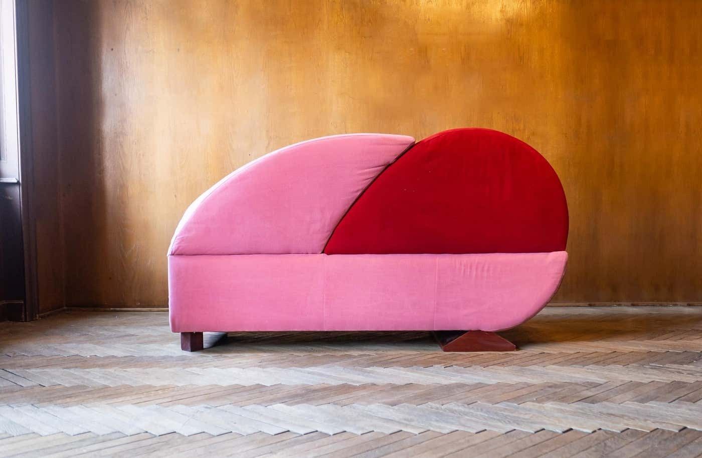 Post Modern Pink And Red Alcantara Sofas, Italy, 1980s photo buy