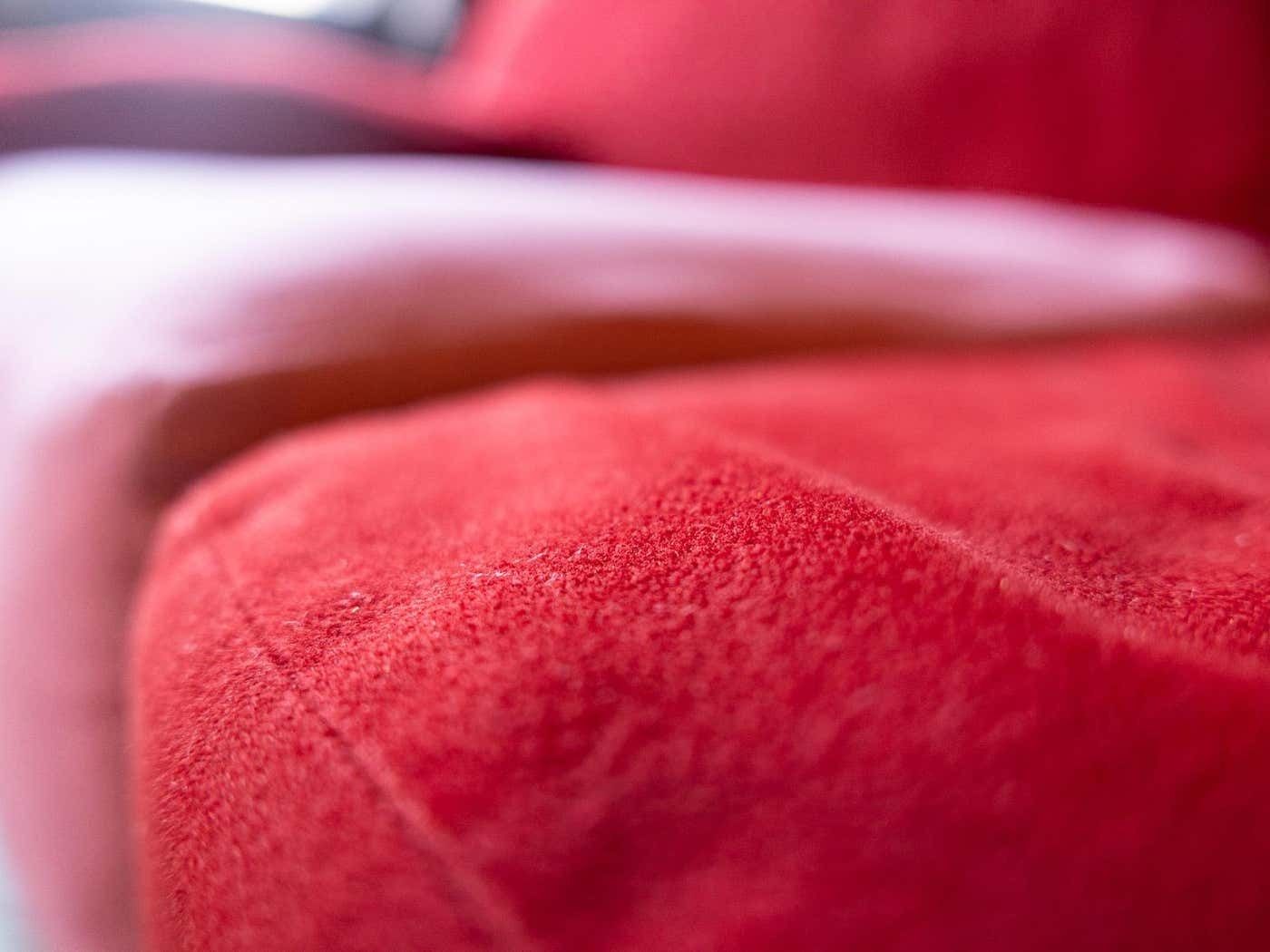 Furniture Post Modern Pink And Red Alcantara Sofas, Italy, 1980s photo