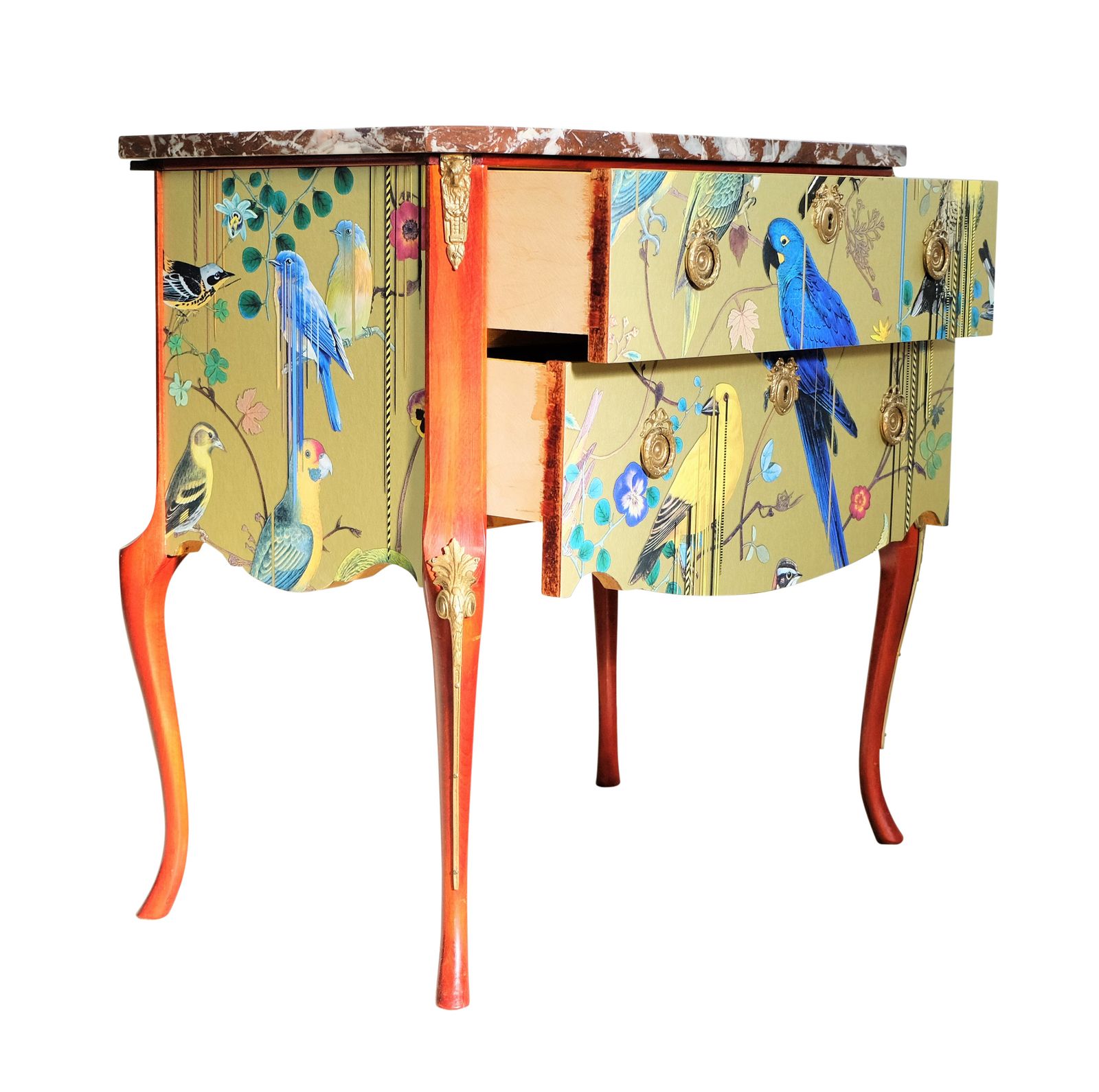 Louis XV Style Chest With Gold Birds Design And Marble Top photo for sale