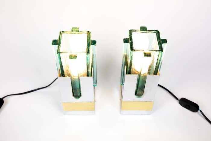 Pair Of Lampshades Table Lamps In Turquoise Glass, Brass And Chrome, Italy, 1970s photo 1427.0