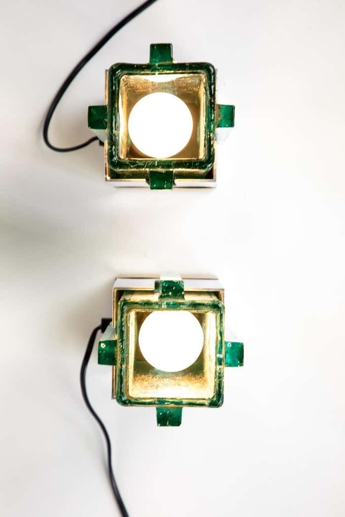 Pair Of Lampshades Table Lamps In Turquoise Glass, Brass And Chrome, Italy, 1970s photo vinterior