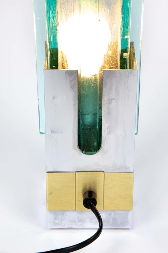 Lighting Pair Of Lampshades Table Lamps In Turquoise Glass, Brass And Chrome, Italy, 1970s photo