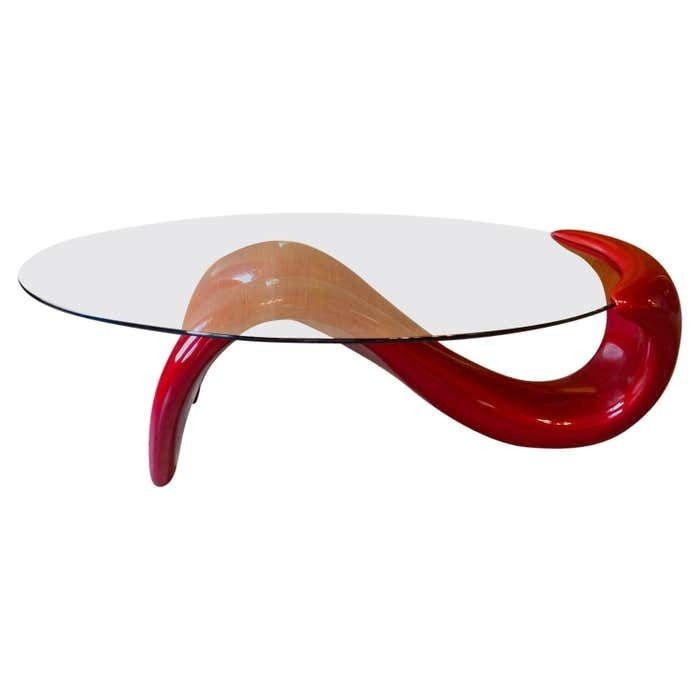 Postmodern, Shiny, Red Coffee Table With Glass Top, Italy 1980s