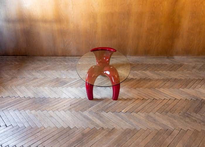 photo furniture Postmodern, Shiny, Red Coffee Table With Glass Top, Italy 1980s