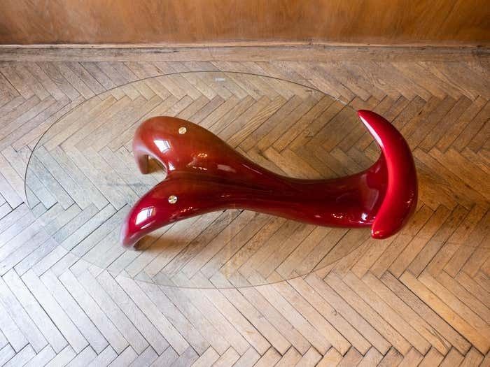 1690.0 Postmodern, Shiny, Red Coffee Table With Glass Top, Italy 1980s photo