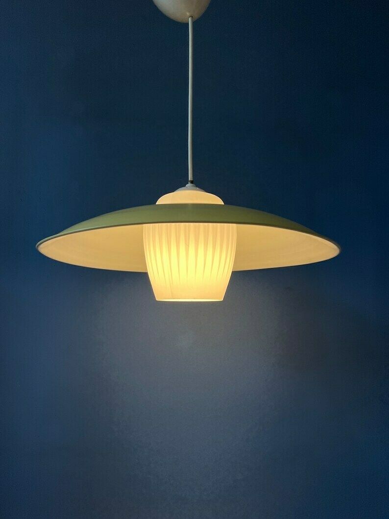 Mid Century Danish Pendant Lamp With Yellow Metal Cover And Opaline Glass Shade photo Lighting