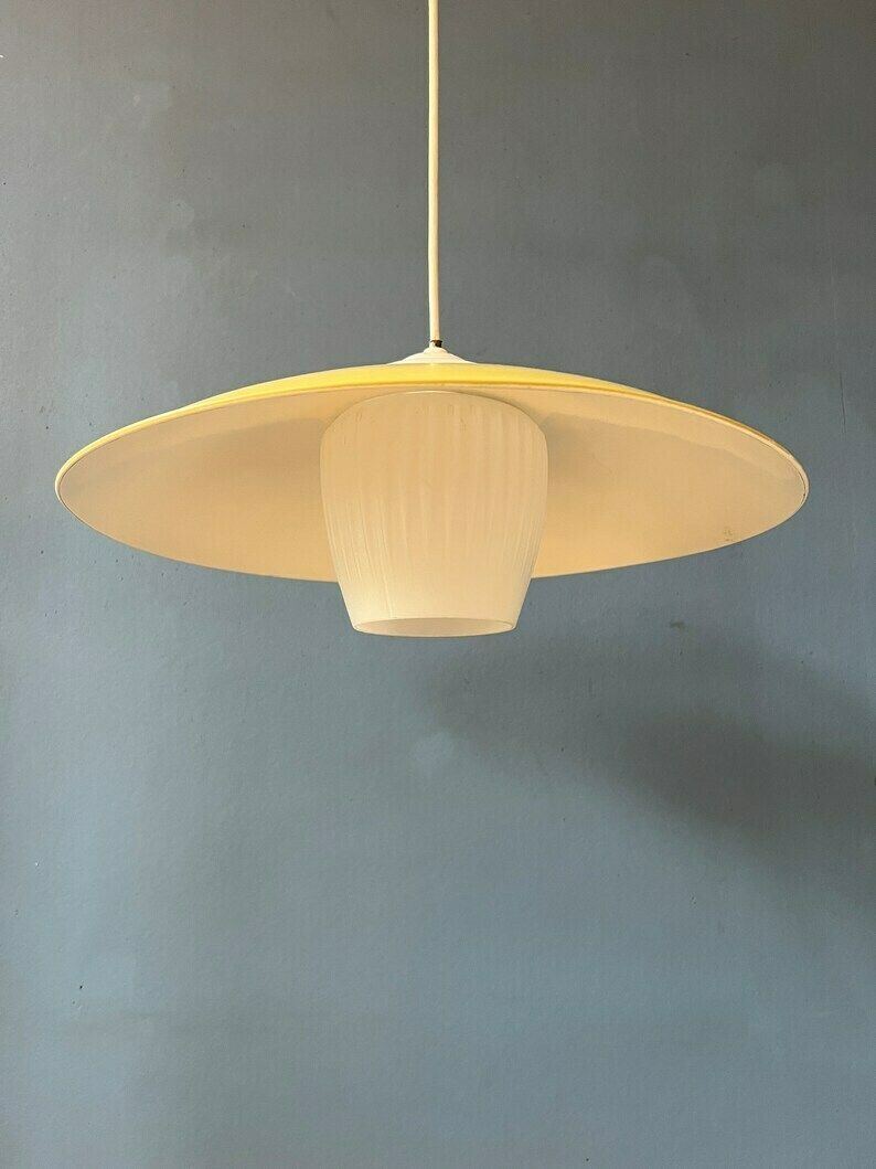 photo furniture Mid Century Danish Pendant Lamp With Yellow Metal Cover And Opaline Glass Shade
