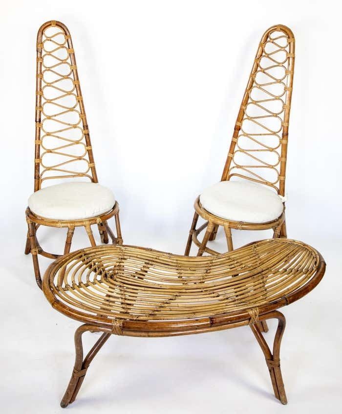 Mid Century Modern Rattan Chairs And High Back Table, Italy 1960s photo furniture