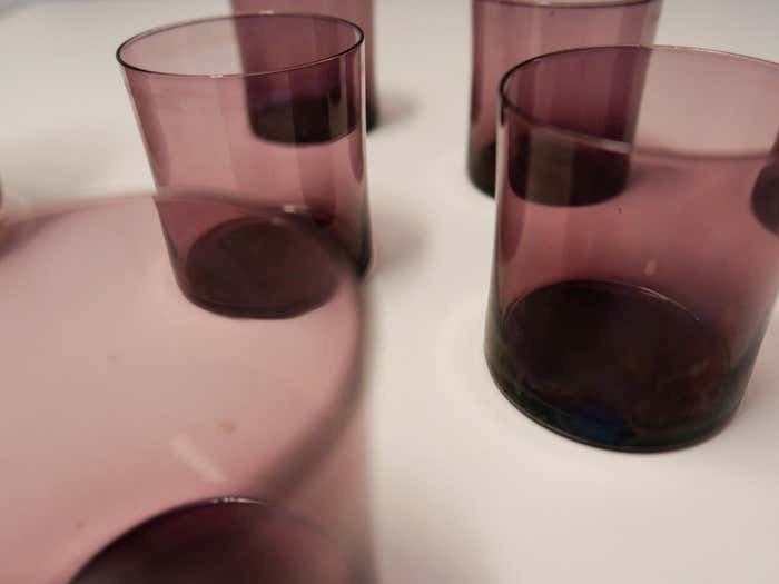 Home Decor Purple Smoked Glass Water Carafe And Drinking Glasses, Mid Century Modern, 1960s photo